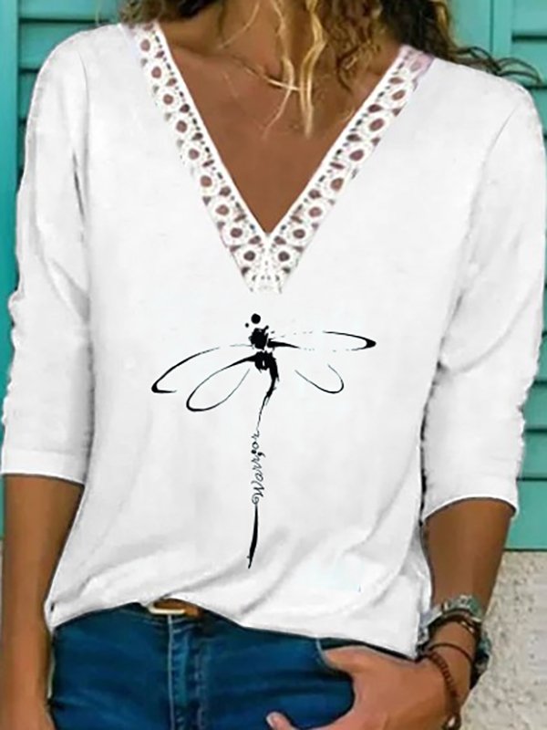 Women Casual Autumn Dragonfly V neck Micro-Elasticity Daily Loose Hot List Regular Size T-shirt