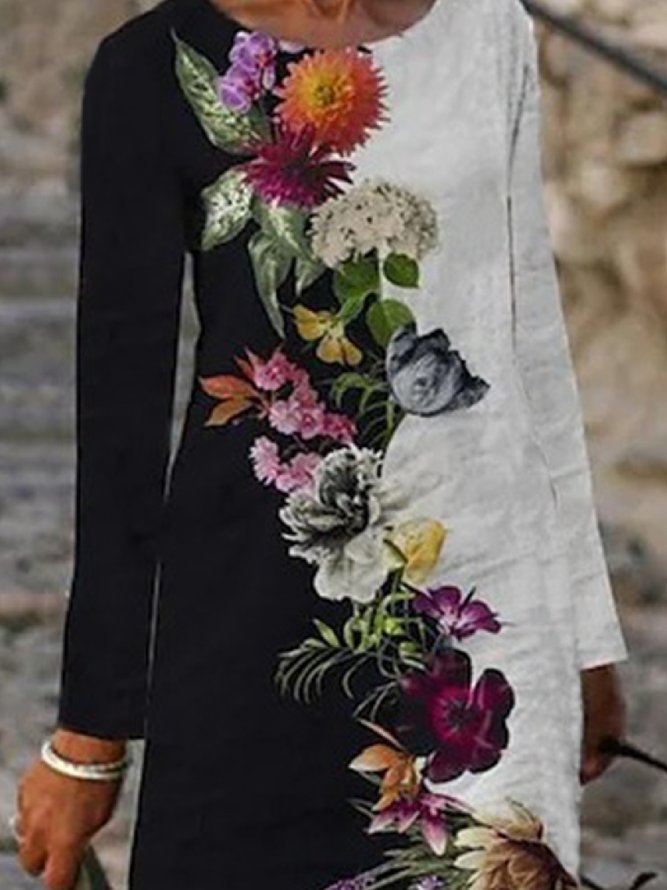 Casual Floral Autumn Natural Lightweight No Elasticity Daily Skirt Long sleeve Dress for Women
