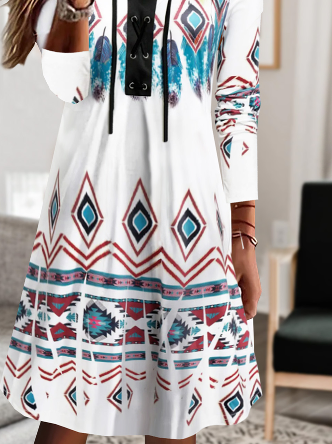 Women Casual Ethnic Autumn V neck Natural Daily Loose A-Line Medium Elasticity Dress