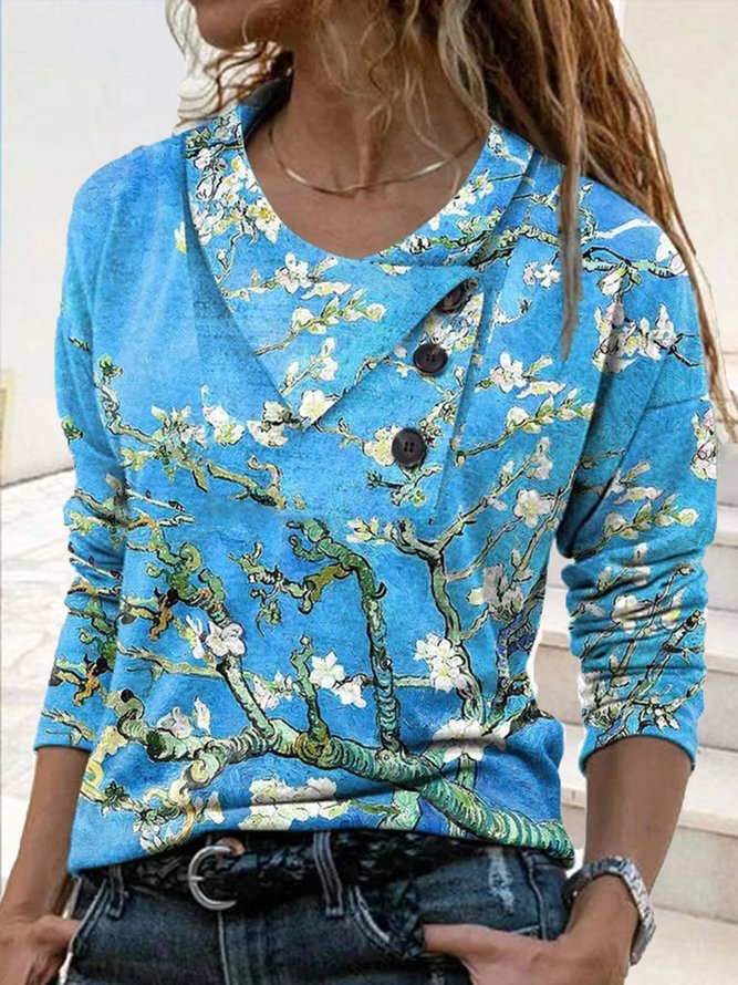 Casual Floral Autumn Buttoned Loose Jersey Long sleeve Regular Regular Size Tops for Women