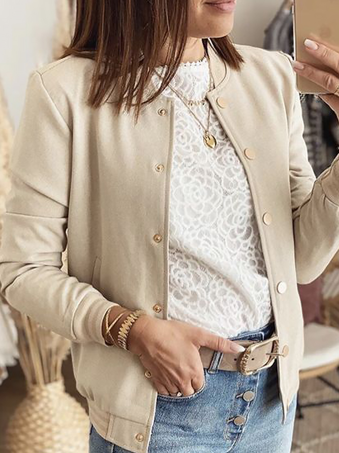 Women Casual Plain Autumn Polyester Natural Micro-Elasticity Daily Regular Regular Size Jacket