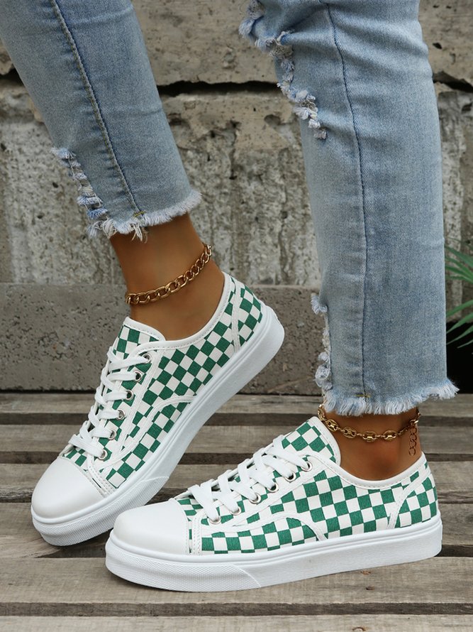 Casual All Season Plaid Flat Heel Round Toe Canvas Rubber Lace-Up Canvas Sneakers for Women