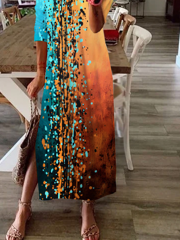 Women Casual Abstract Autumn Loose Jersey Midi H-Line Regular Medium Elasticity Dress