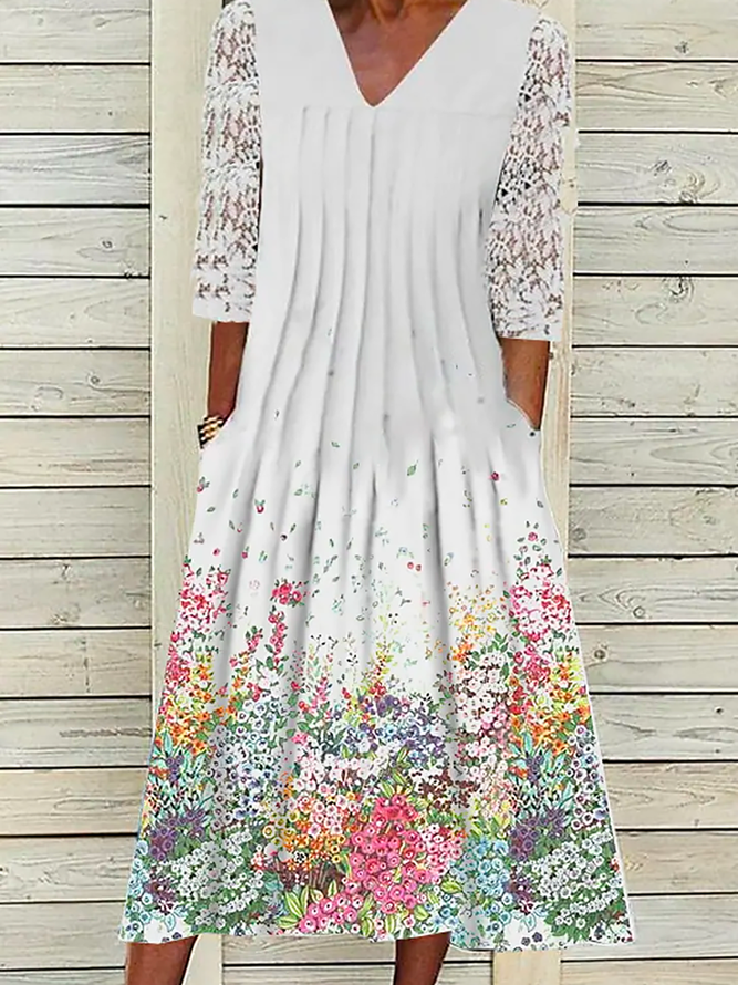 Women Casual Floral Autumn Lace Daily Midi Three Quarter A-Line Regular Dress