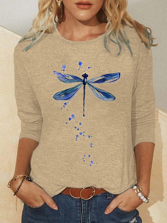 Women Casual Autumn Dragonfly Loose Standard Long sleeve Crew Neck H-Line Regular T-shirt