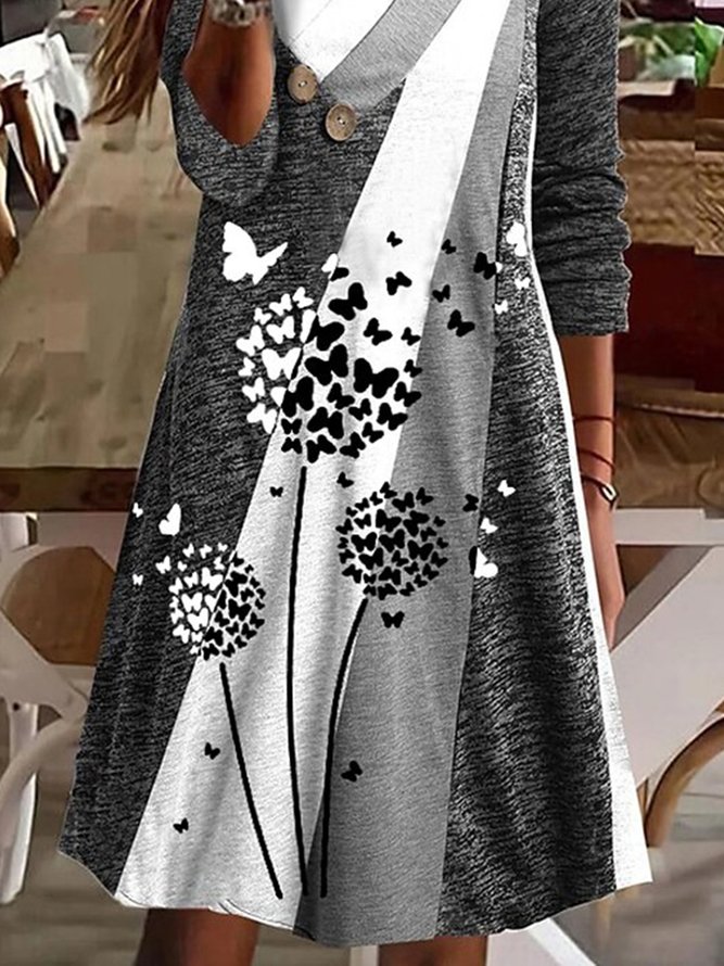 Casual Autumn Dandelion V neck Buttoned Lightweight Daily Hot List Long sleeve Dresses for Women
