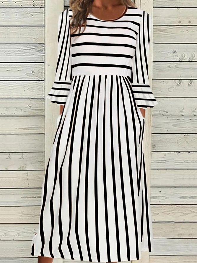 Striped Casual Autumn High Waist No Elasticity Daily Loose Jersey A-Line Dresses for Women