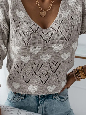 Women Casual Winter Heart/Cordate V neck Loose Long sleeve Regular H-Line Regular Size Sweater