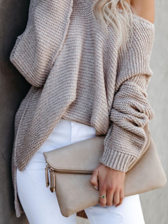 Women Casual Plain Winter V neck Loose Standard Long sleeve Wool/Knitting H-Line Sweater