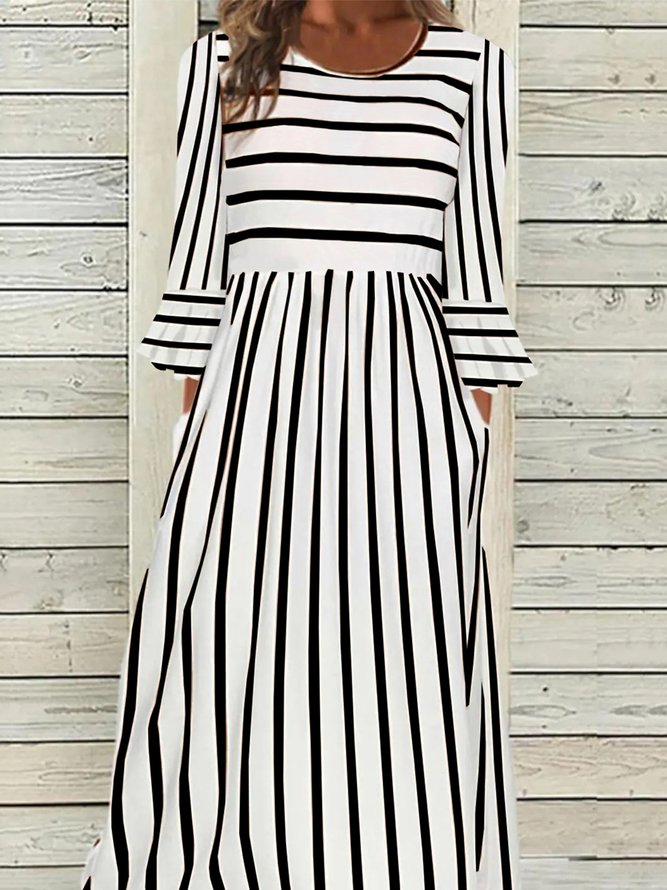 Striped Casual Autumn High Waist No Elasticity Daily Loose Jersey A-Line Dresses for Women