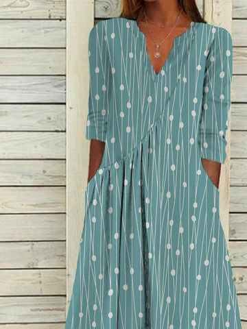 Women Polka Dots Casual Autumn Polyester V neck Micro-Elasticity Daily Loose A-Line Dresses