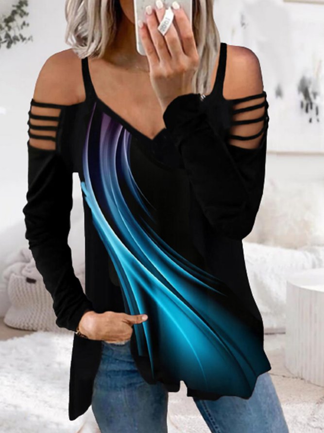 Geometric Casual Autumn V neck Lightweight Micro-Elasticity Loose Long sleeve Mid-long Tops for Women