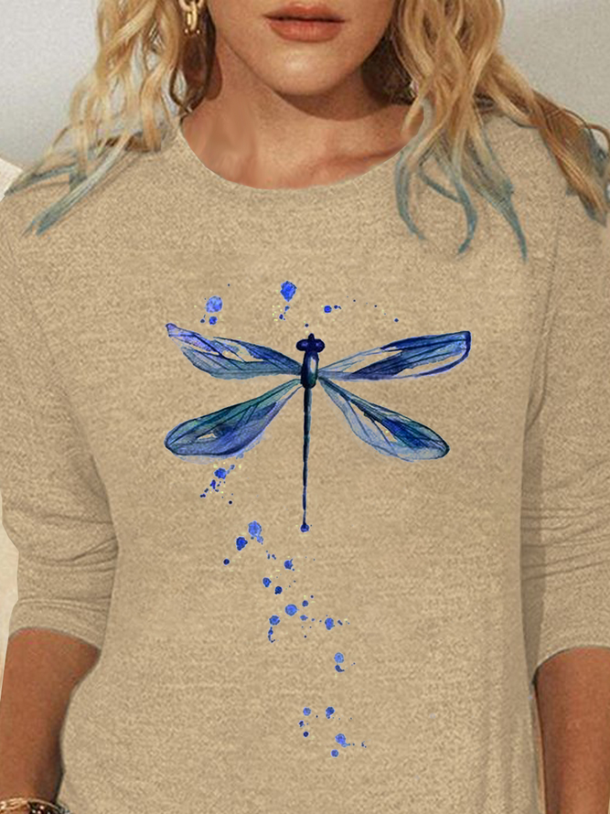 Women Casual Autumn Dragonfly Loose Standard Long sleeve Crew Neck H-Line Regular T-shirt