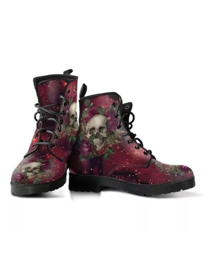 Floral Street All Season Printing Party Low Heel Lace-Up Non-Slip Classic Boots Boots for Women