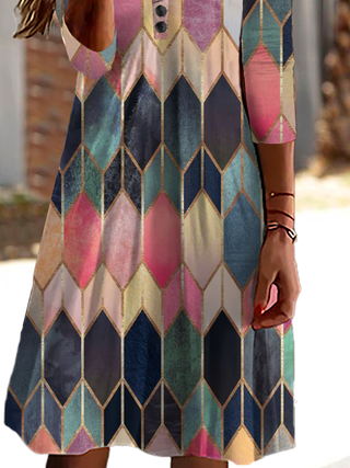 Geometric Casual Autumn Micro-Elasticity Daily Jersey Skirt Long sleeve Regular Dress for Women