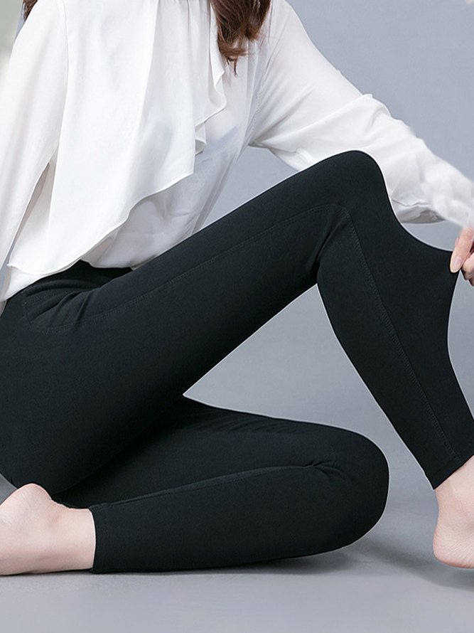 Casual Plain Autumn Jersey Mid Waist Standard Slim fit Pants Long Regular Size Leggings for Women