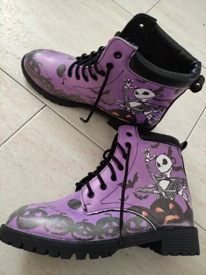 Street All Season Skull Printing Low Heel Best Sell Pu Rubber Lace-Up Boots for Women