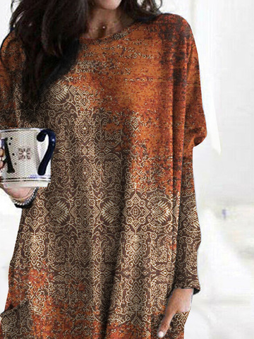 Ethnic Printed Crew Neck Casual Patchwork Pockets Top