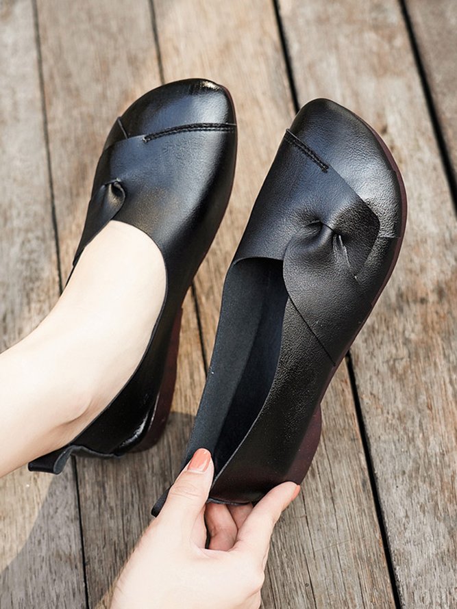 Vintage Plain All Season Daily Round Toe Standard Rubber Slip On Shallow Shoes Flats for Women
