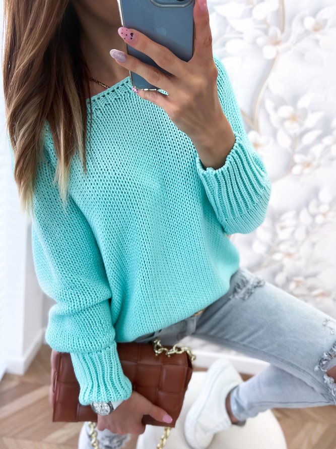 Casual Plain Autumn Knitted Lightweight Daily Long sleeve H-Line Regular Size Sweater for Women