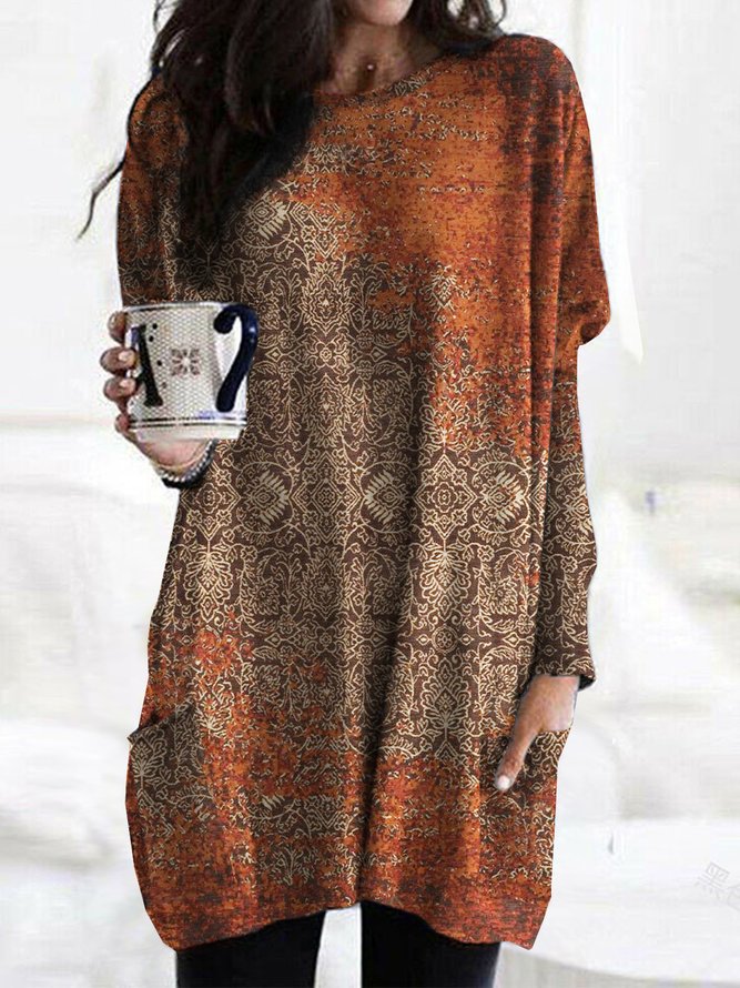 Ethnic Printed Crew Neck Casual Patchwork Pockets Top