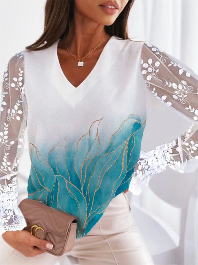 Leaves V Neck Casual Lace Long Sleeve Top