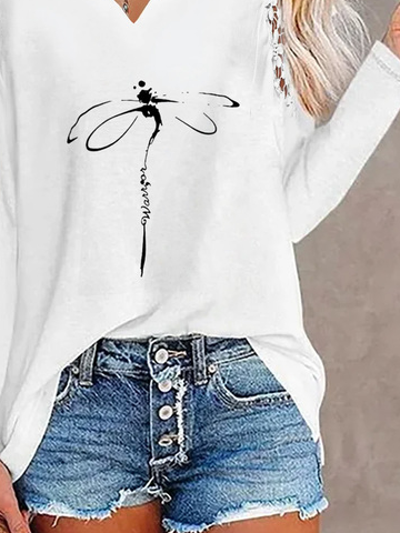 Casual Dragonfly Print Shoulder Stitching Lace Long Sleeve T-shirt