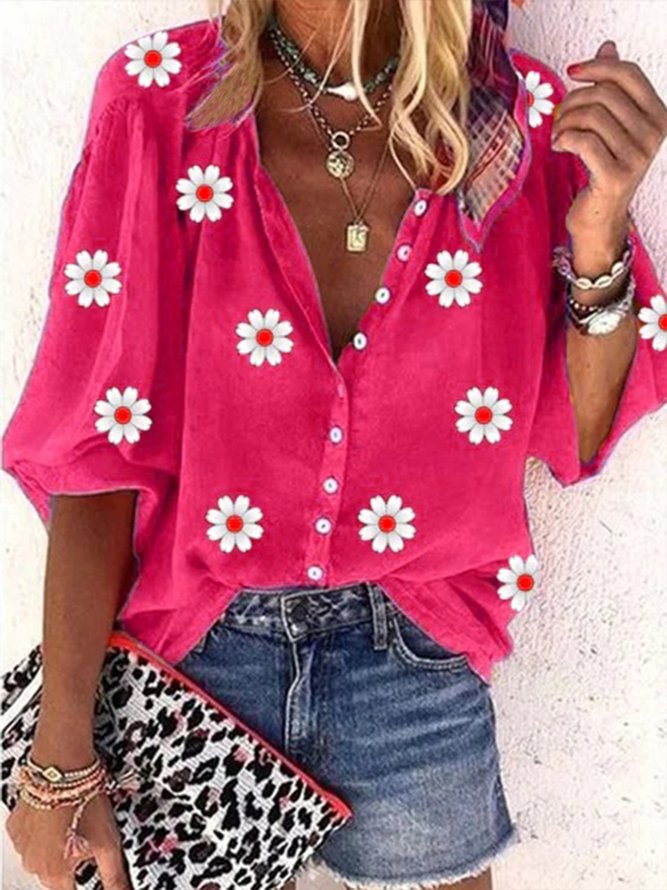 Casual Daisy Loose Stand Collar Three Quarter Sleeve Blouse
