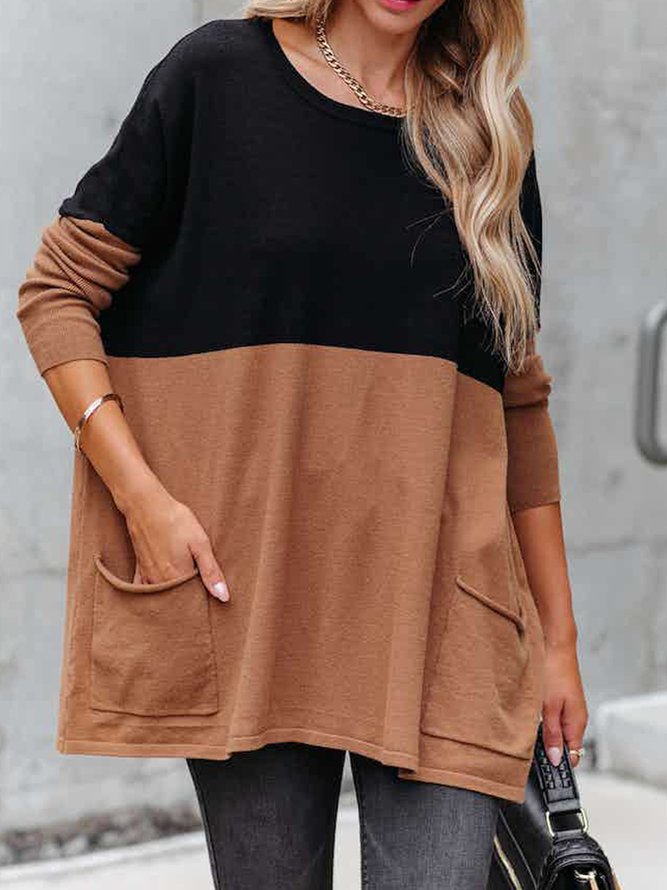 Casual Color Block Autumn Micro-Elasticity Daily Loose Standard Long sleeve H-Line Tops for Women
