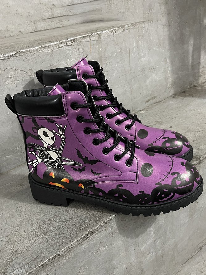 Street All Season Skull Printing Low Heel Best Sell Pu Rubber Lace-Up Boots for Women