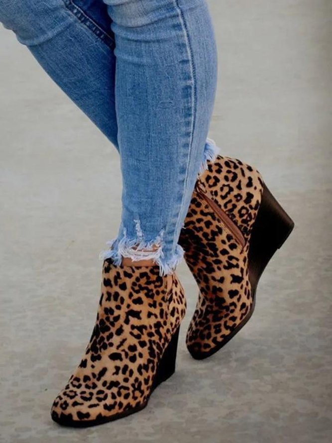 Urban Simple Casual Leopard Print Plain Wedge Ankle Boots