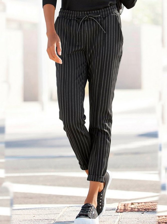 Striped Casual Autumn Lightweight No Elasticity Daily Mid Waist Elastic Band Long Casual Pants for Women