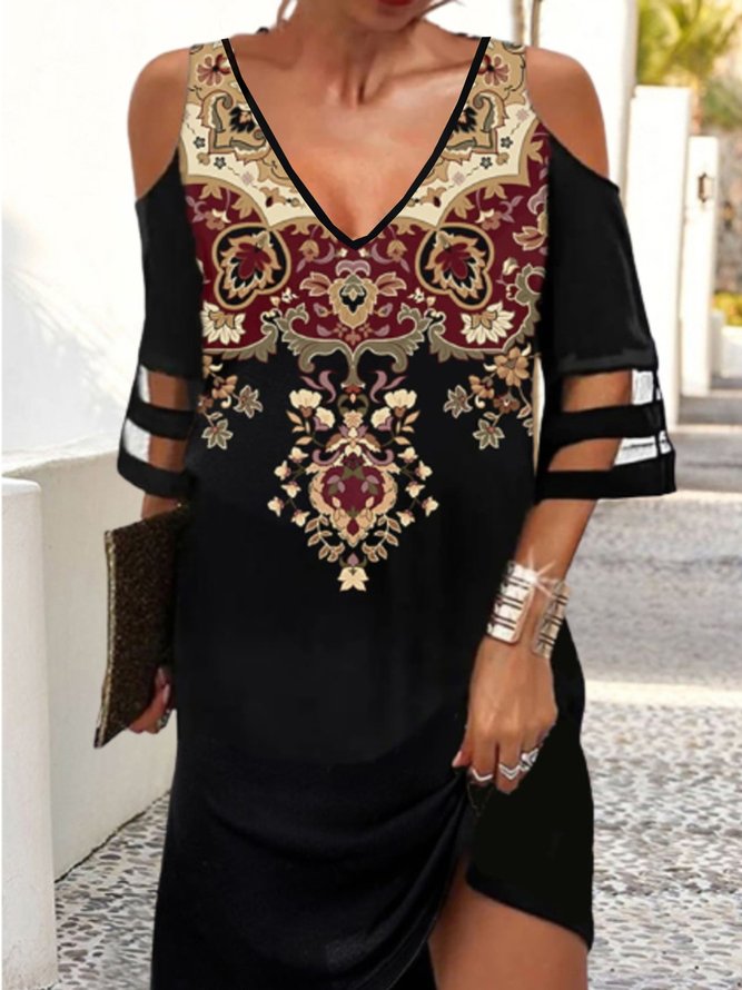 Casual Three Quarter V Neck Printed Dress