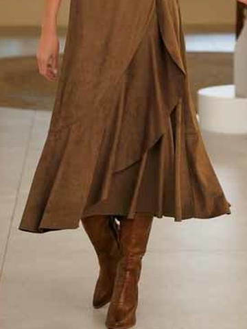 Casual Plain Autumn Suede Natural Daily Loose Midi A-Line Skirt for Women
