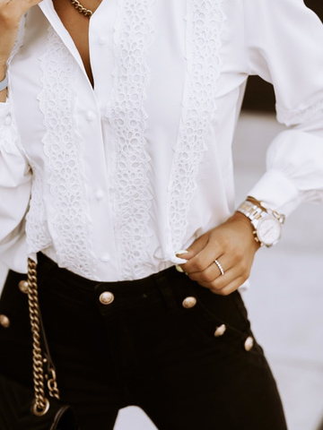 Casual Plain Autumn Lace Daily Loose Regular Regular Shirt Collar Blouse for Women