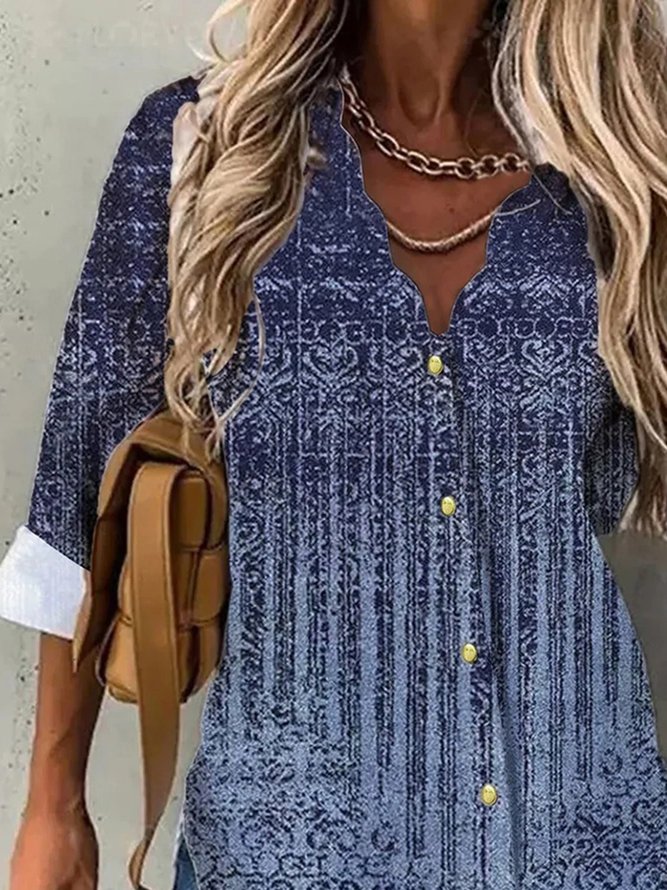 Casual Abstract V Neck Long Sleeve Loose Blouse