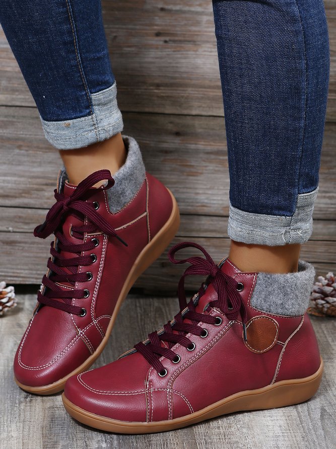 PU Leather Suede Panel Casual Short Boots
