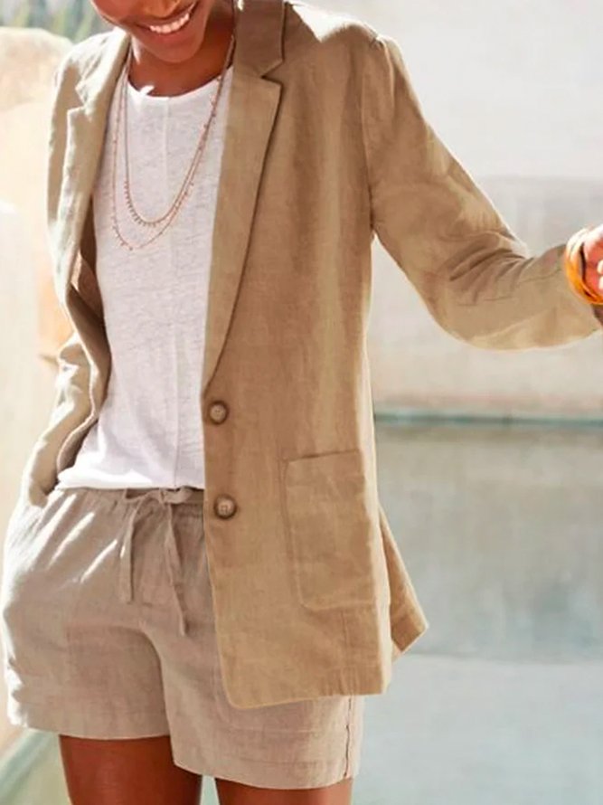 Women Casual Plain Autumn Linen Natural Long sleeve Lapel Collar Regular H-Line Blazer