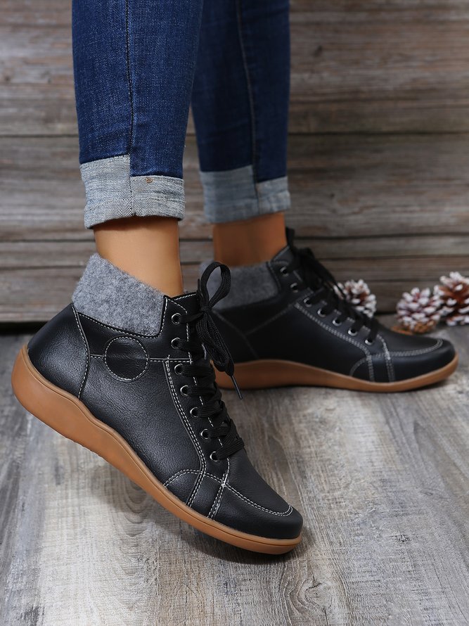 PU Leather Suede Panel Casual Short Boots
