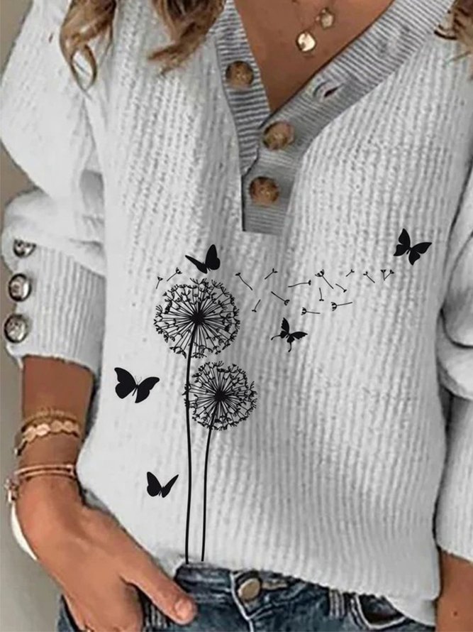 Dandelion Long Sleeve Buttoned V Neck Casual Sweater