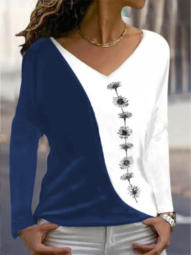 Women Casual Floral Autumn V neck Daily Loose Standard Long sleeve H-Line T-shirt