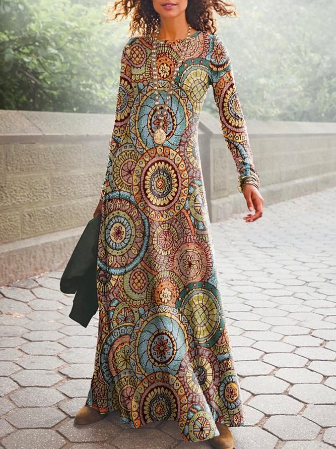 Ethnic Printed Long Sleeve Crew Neck Plus Size Casual Dresses