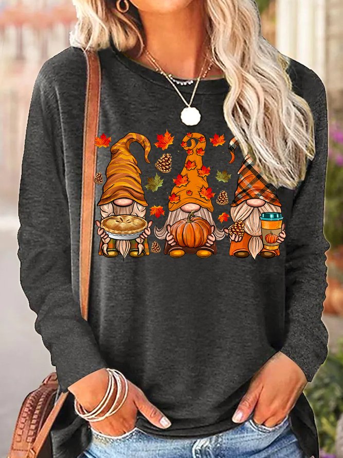 Womens Fall Gnomes Autumn Pumpkin Thanksgiving Casual Top