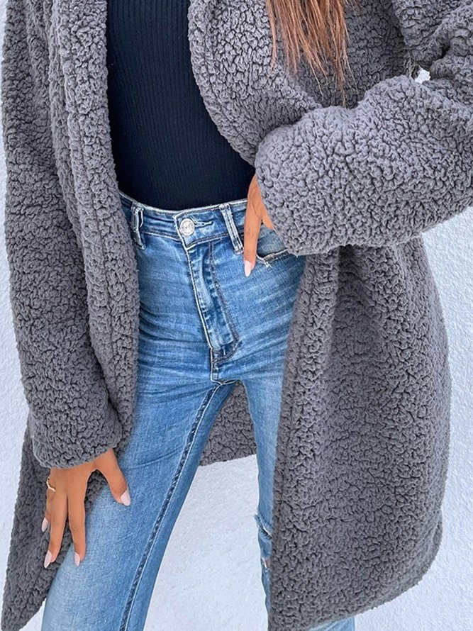 Plain Long Sleeve Plus Size Casual Polar Fleece Coat