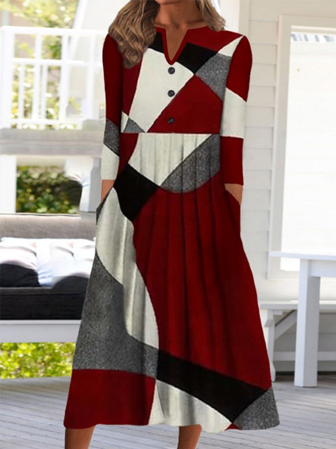Color Block Geometric Long Sleeve Buttoned Notched Casual Dresses