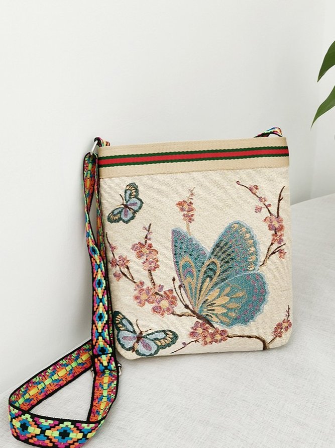 Ethnic Butterfly Flower Double Sided Embroidered Messenger Bag Daily Vintage Canvas Bag