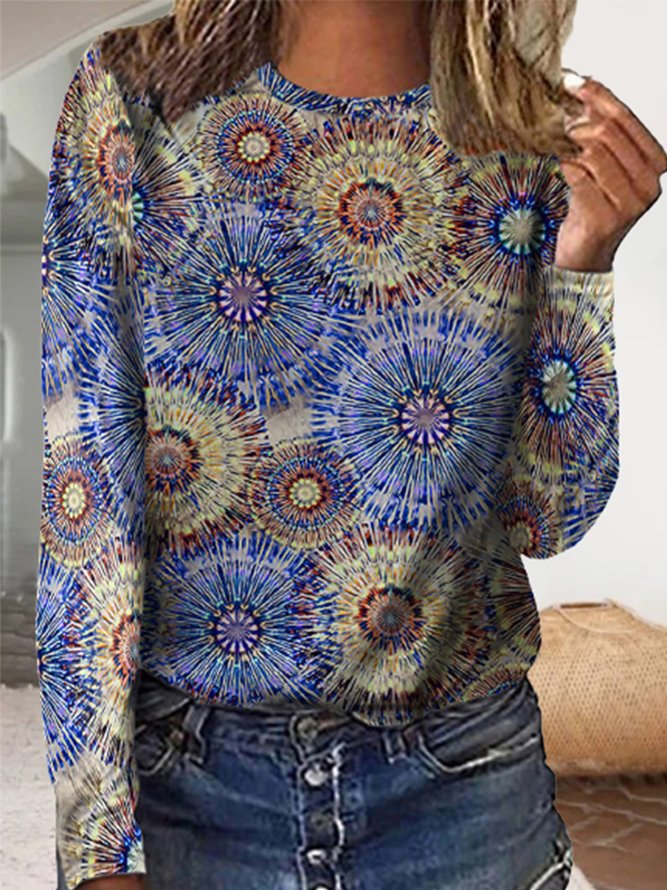 Abstract Geometric Long Sleeve Crew Neck Plus Size Casual T-Shirt
