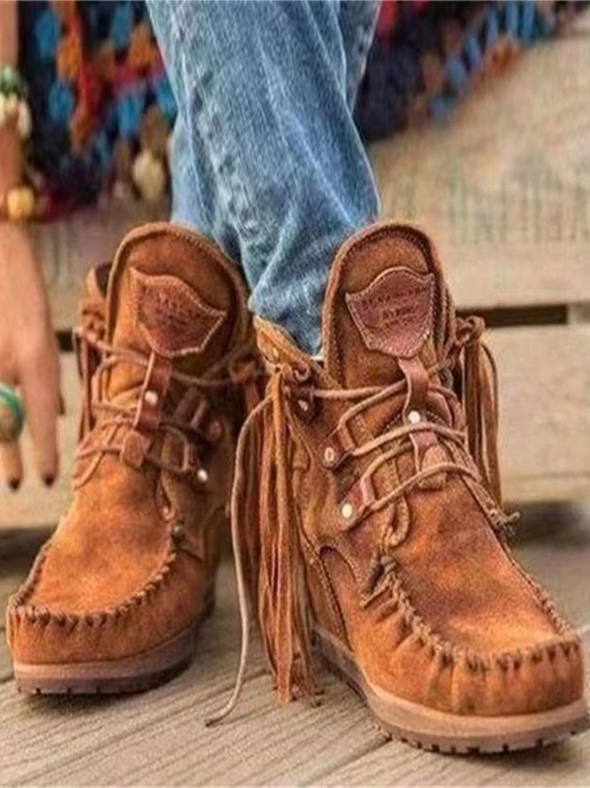Vintage Roman Platform Fringe Lace-Up Booties