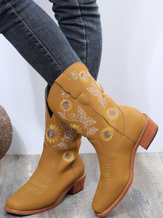 Sunflower Embroidery Boho Cowboy Boots