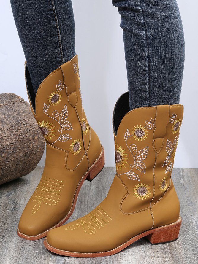 Sunflower Embroidery Boho Cowboy Boots